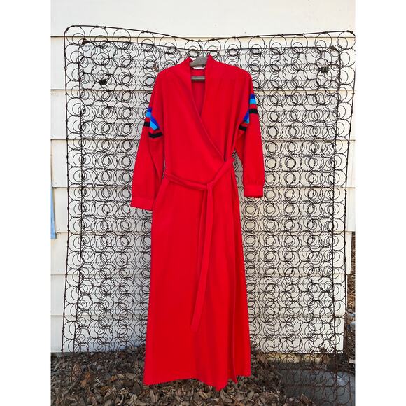 Vanity Fair red blue fleece velvet color block long bathrobe house coat SMALLa - Picture 1 of 9
